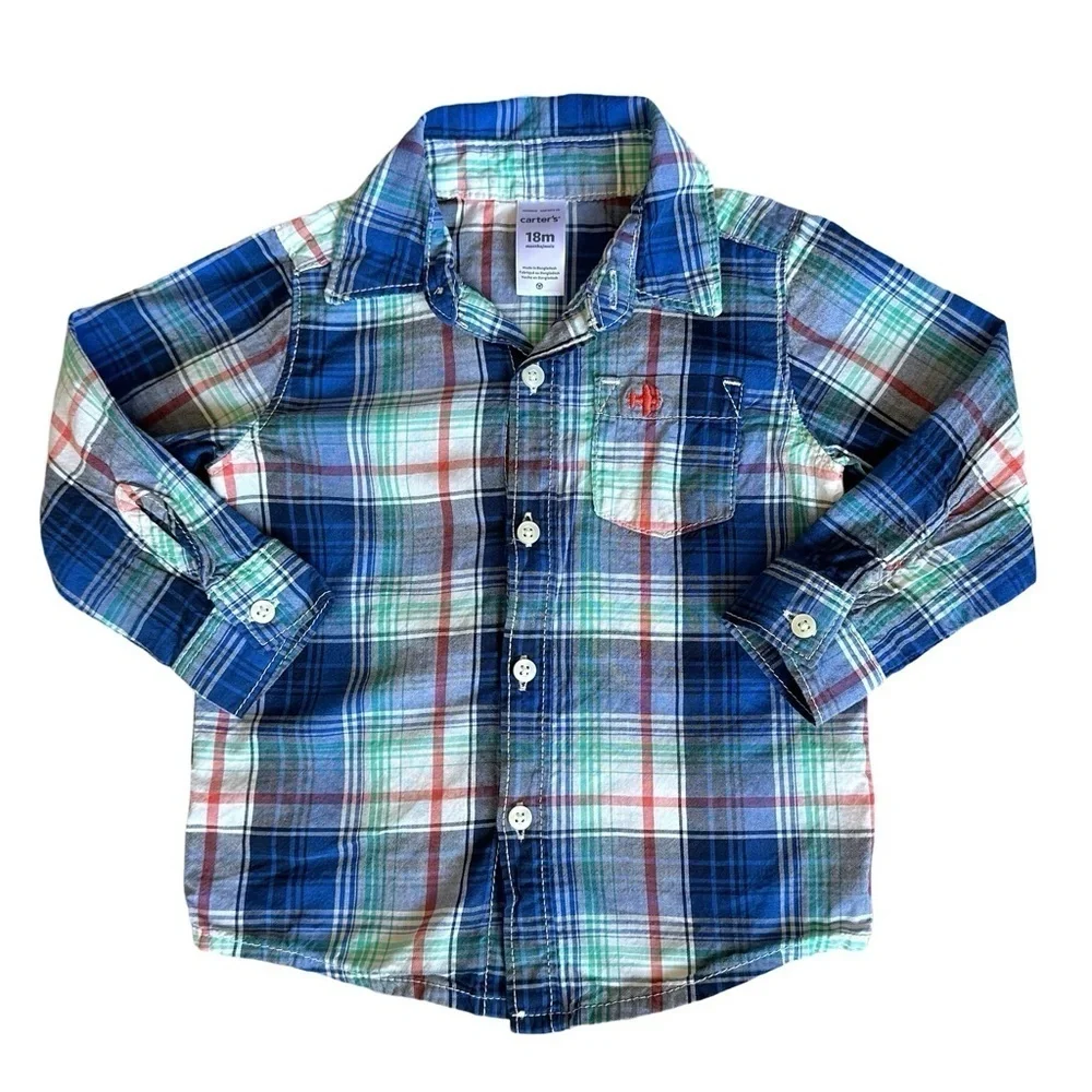 Carter's 18m Boys Blue plaid cotton button down shirt
